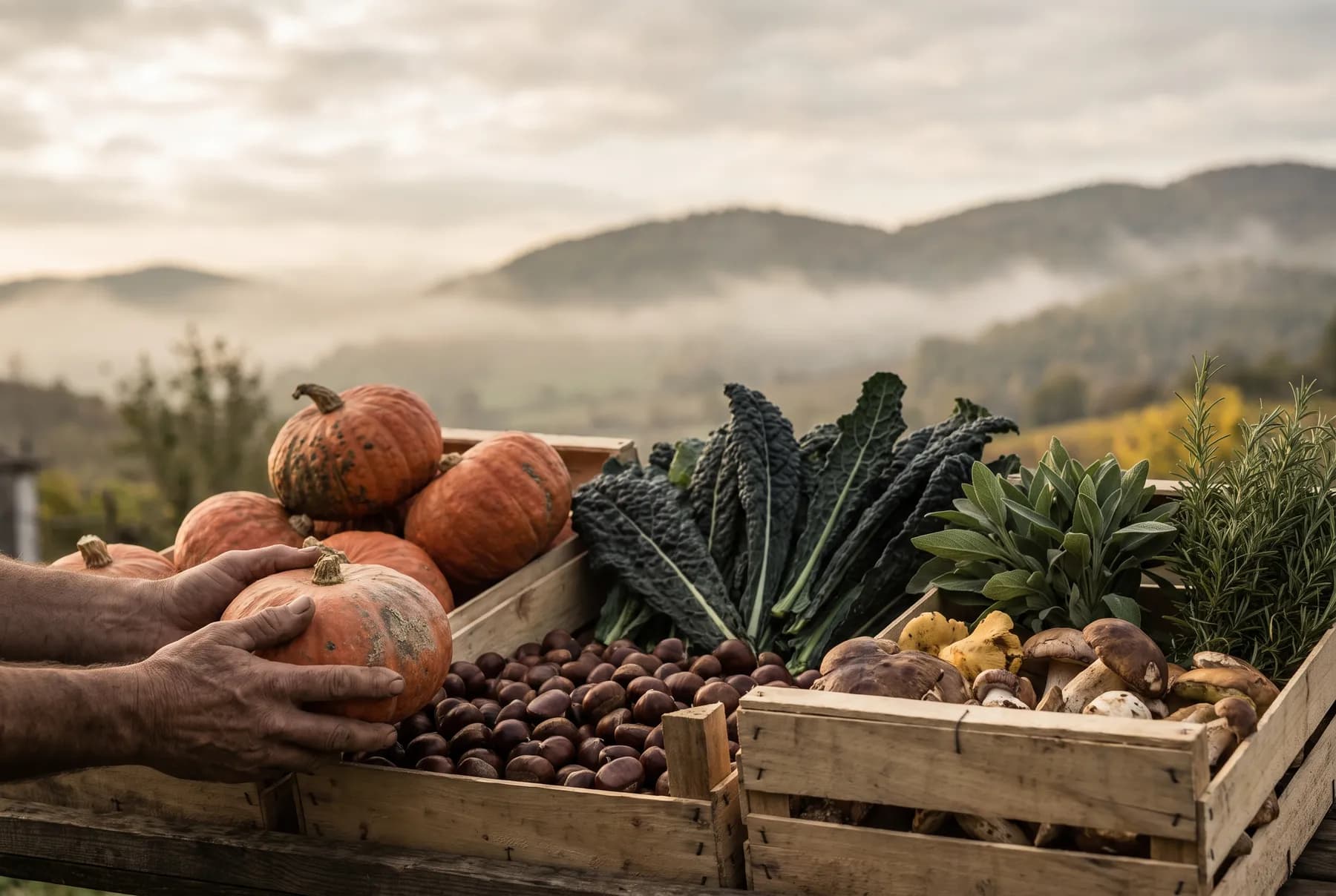 Cassette di zucche, castagne, cavolo nero e funghi appena raccolti in una cascina