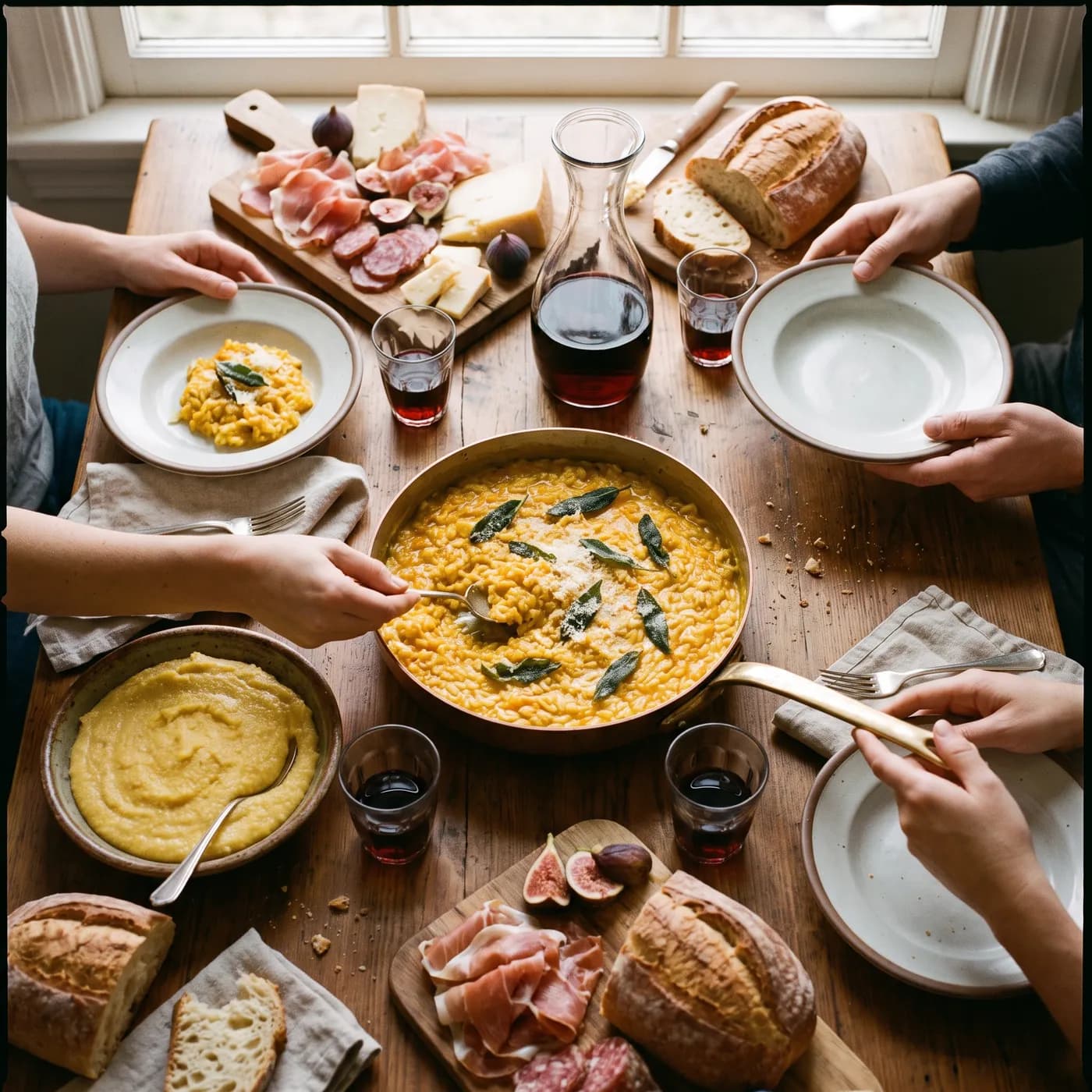 Tavola condivisa vista dall'alto, con risotto, polenta, salumi e vino