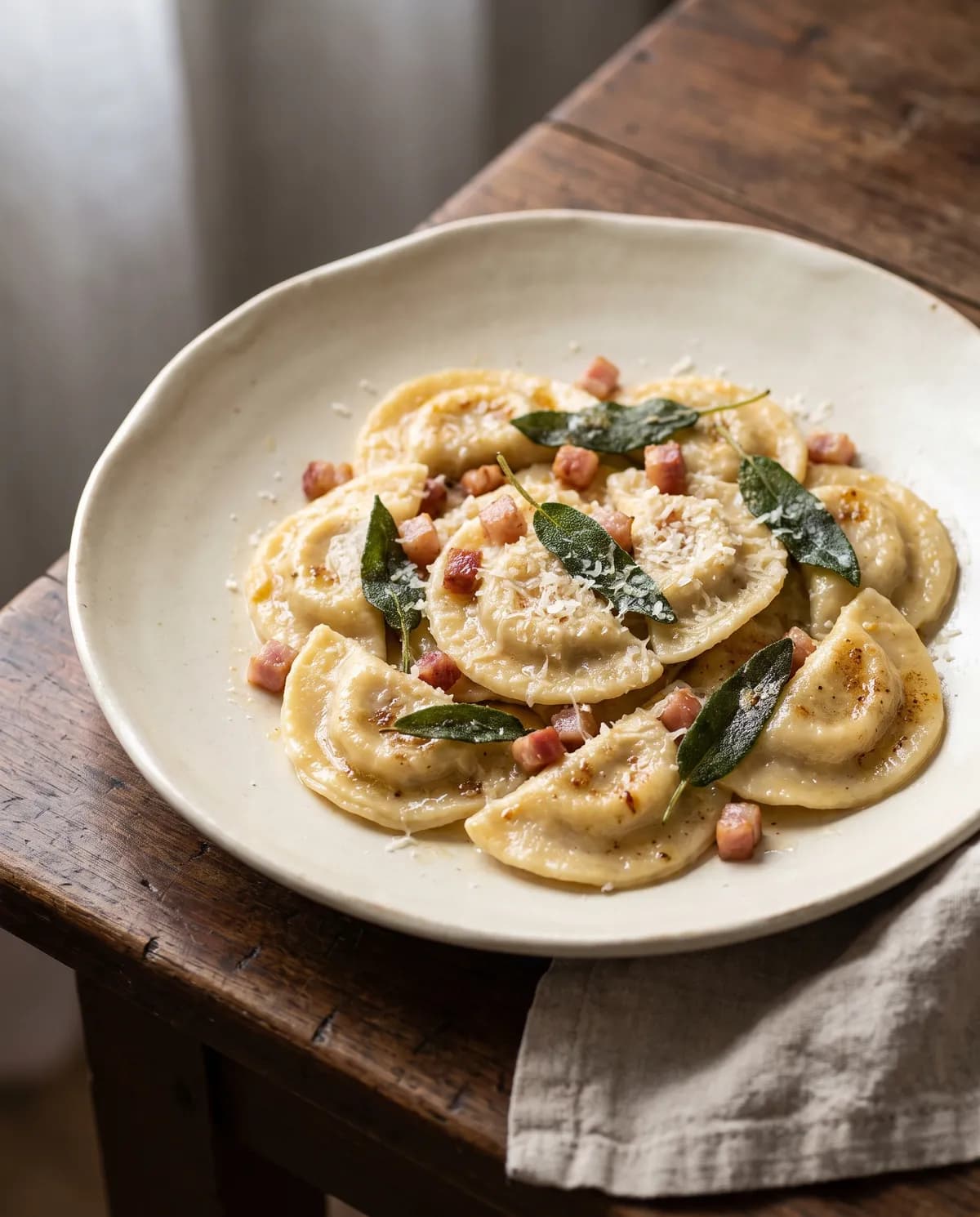 Casoncelli con burro, salvia croccante e pancetta in un piatto di ceramica