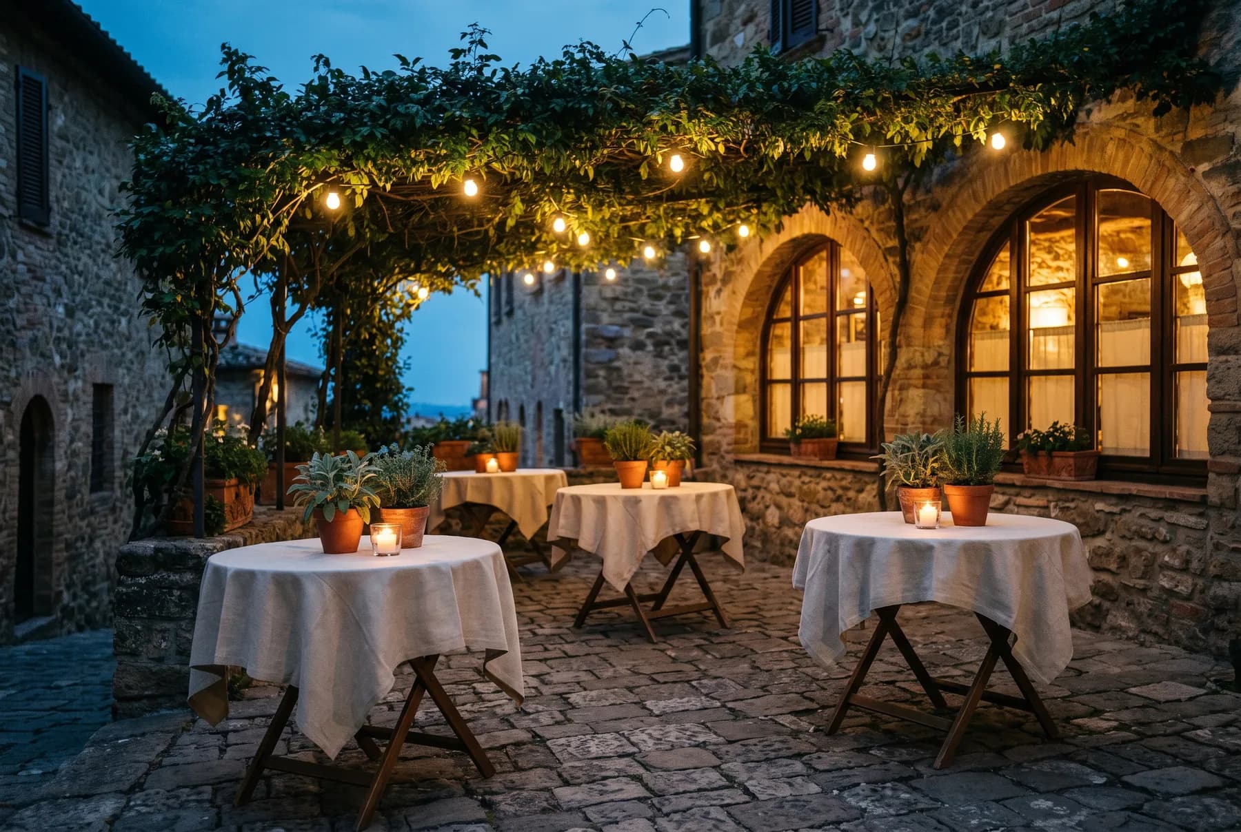 Il cortile in pietra con il pergolato e le luci accese all'imbrunire