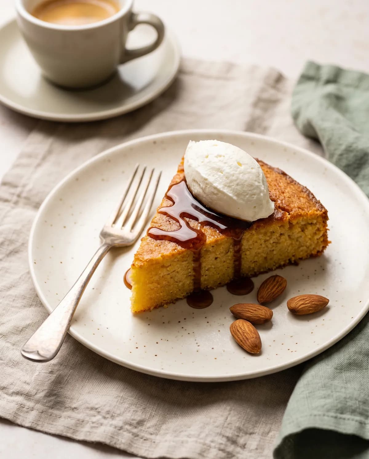 Fetta di torta di mais e mandorle con miele e crema al mascarpone