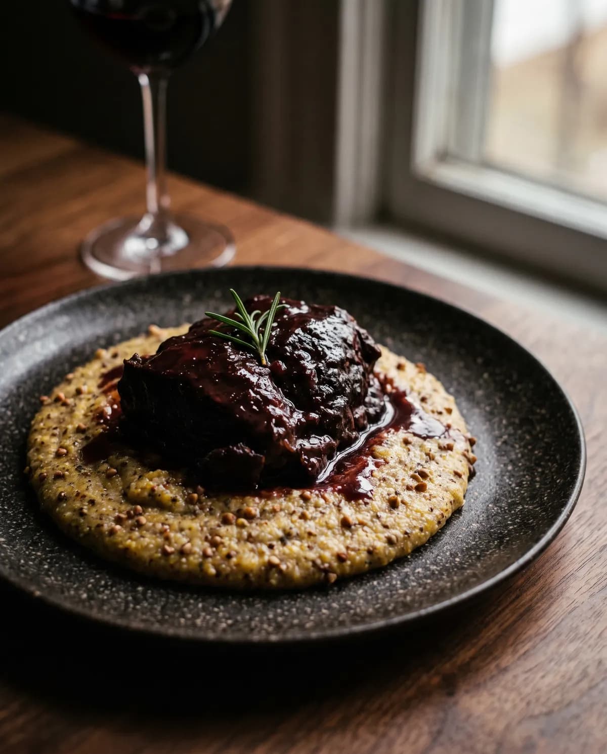 Guancia di manzo brasata al vino rosso su polenta taragna